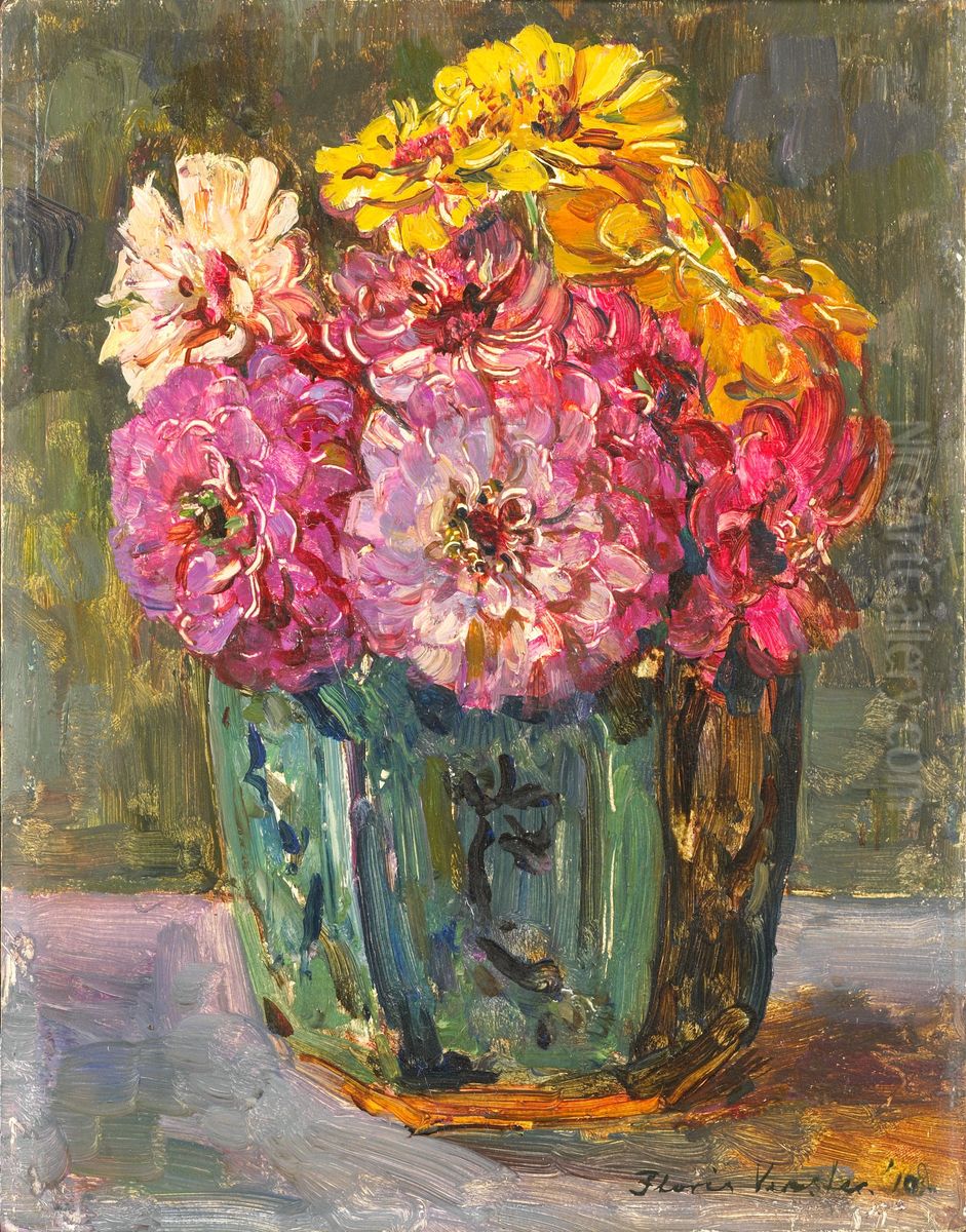 Stillife with zinnias in a ginger pot. Oil Painting by Floris Verster