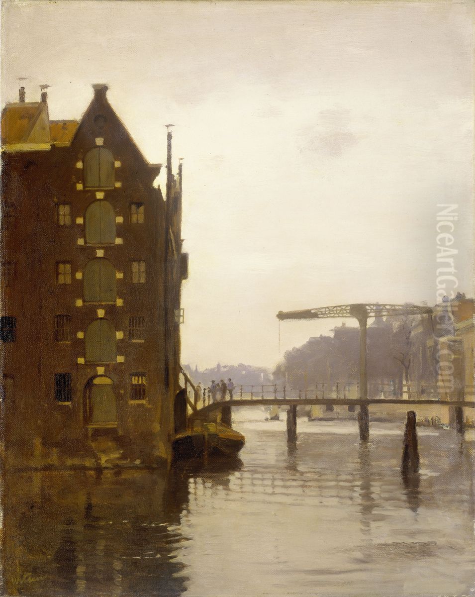 Pakhuizen aan een Amsterdamse gracht op Uilenburg Oil Painting by Willem Witsen