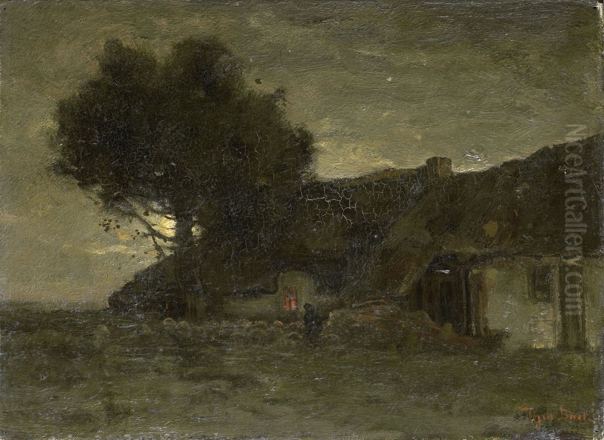 Een schaapskooi bij avondlicht Oil Painting by Theophile Emile Achille De Bock