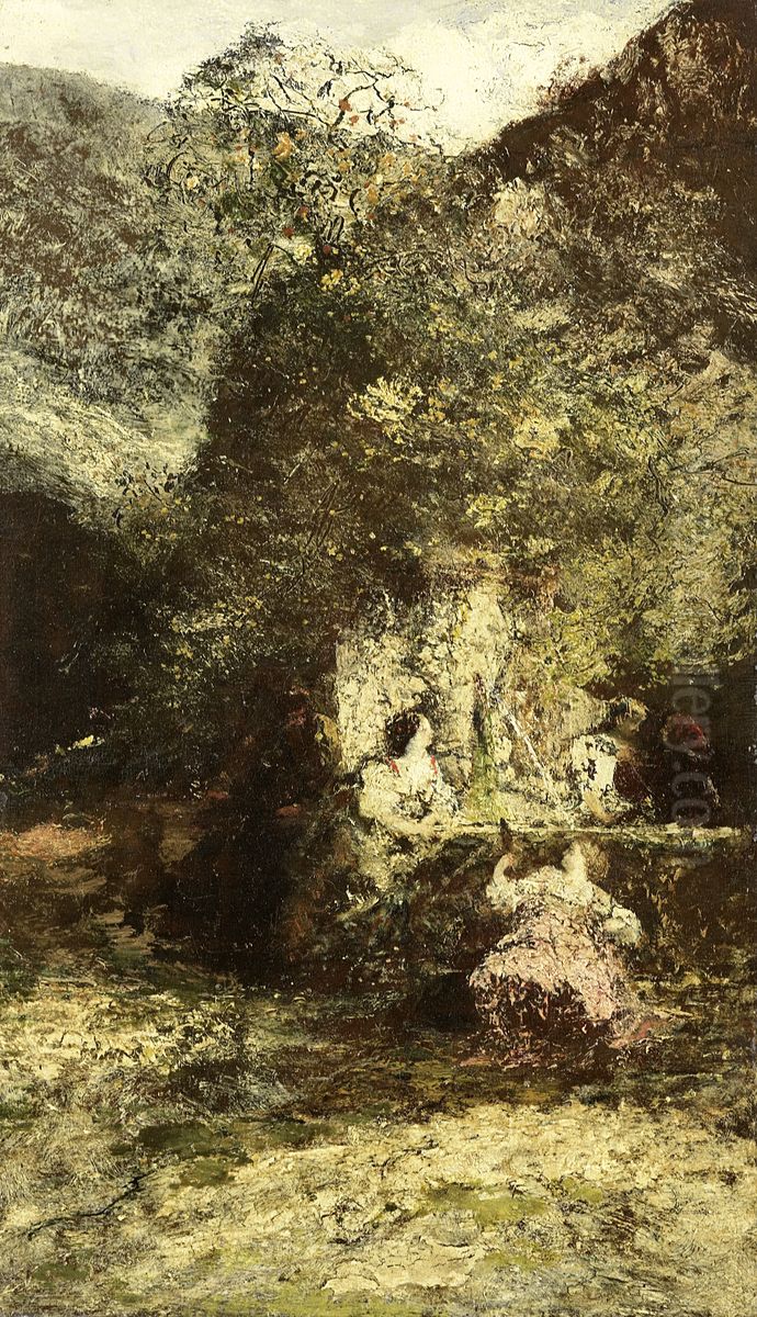 Figures at a Fountain Oil Painting by Adolphe Joseph Thomas Monticelli