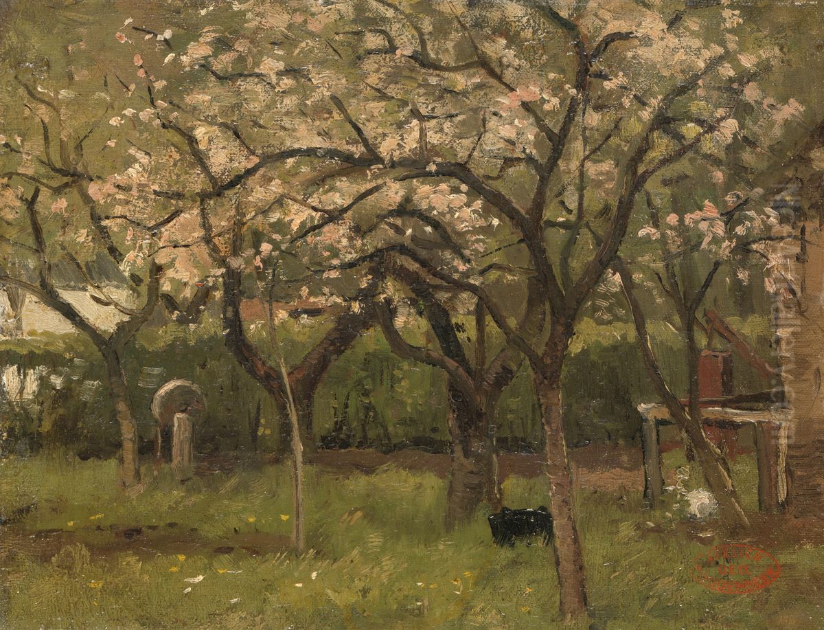 Bloeiende bomen in een boomgaard Oil Painting by Geo Poggenbeek