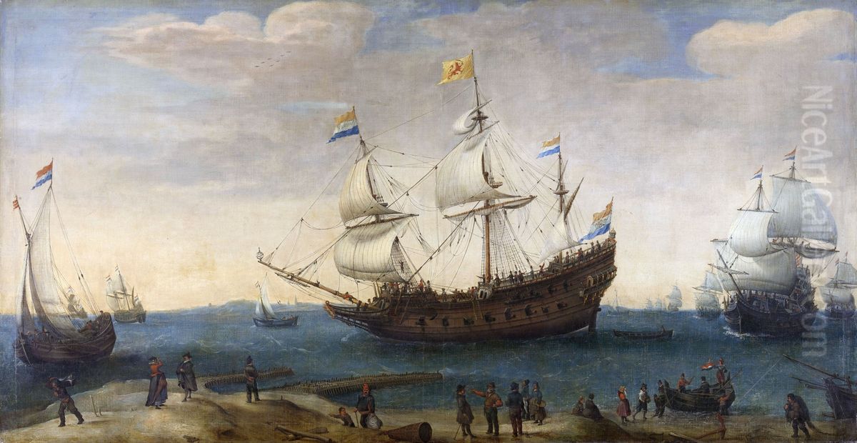 Een aantal Oostindievaarders voor de kust Oil Painting by Hendrick Cornelisz Vroom
