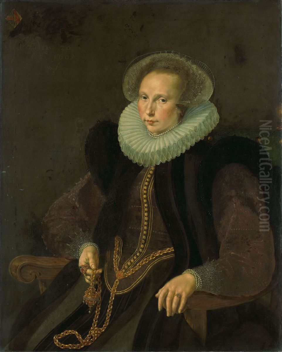 Griete Jacobsdr van Rhijn (1585-1652). Echtgenote van Jacob Cornelisz Banjaert, genaamd van Neck Oil Painting by Cornelis Ketel
