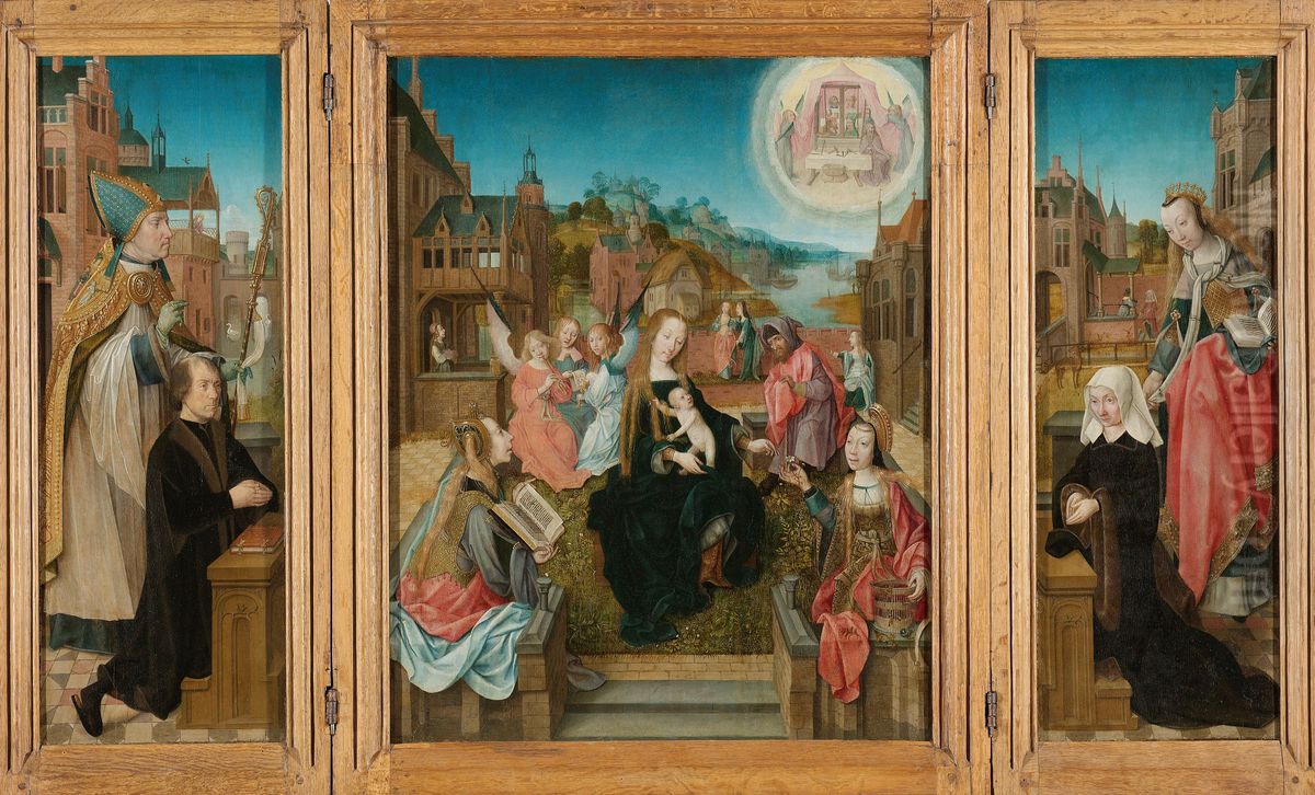 Triptych with Virgin and Child with Saints (center), male Donor with Saint Martin (left, inner wing), female Donor with Saint Cunera (right, inner wing), and the Annunciation (outer wings) Oil Painting by Master of Delft