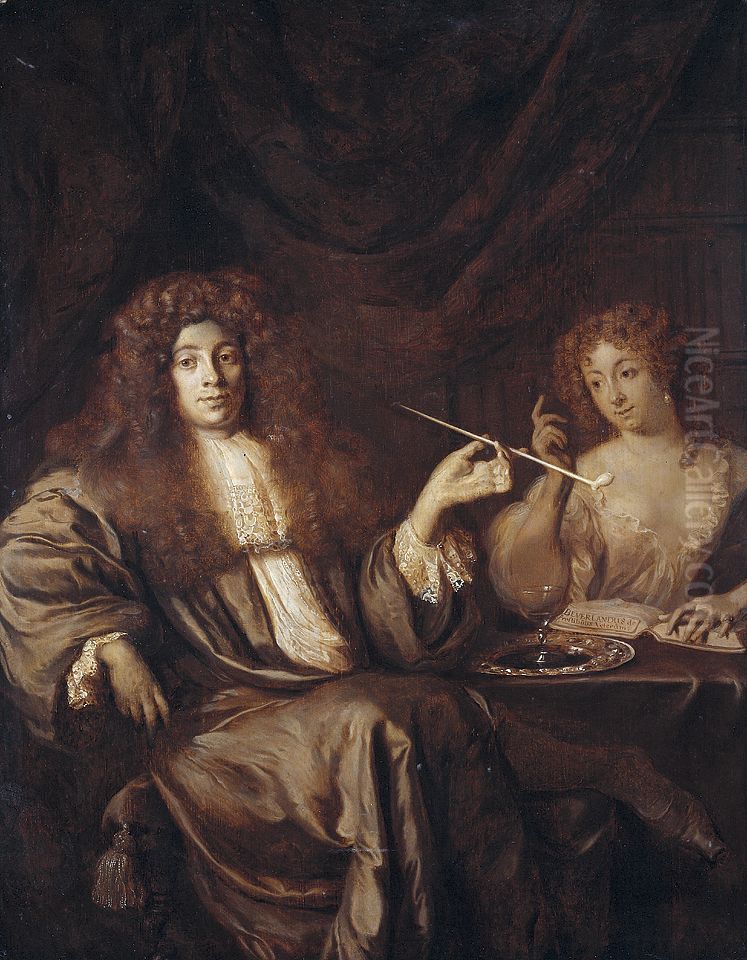 Portrait of Adriaan van Beverland (1651-ca.1712), writer of theological works and satires, with a wanton woman Oil Painting by Ary de Vois