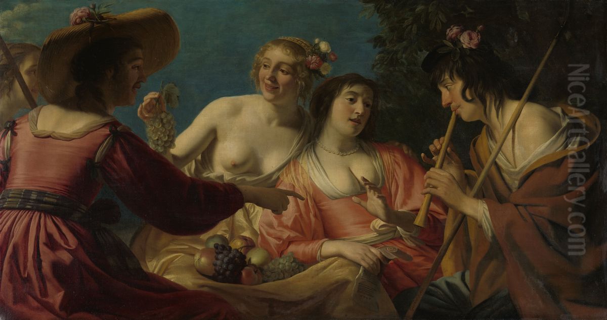 Shepherd Playing the Flute, and four Shepherdesses Oil Painting by Gerard van Honthorst