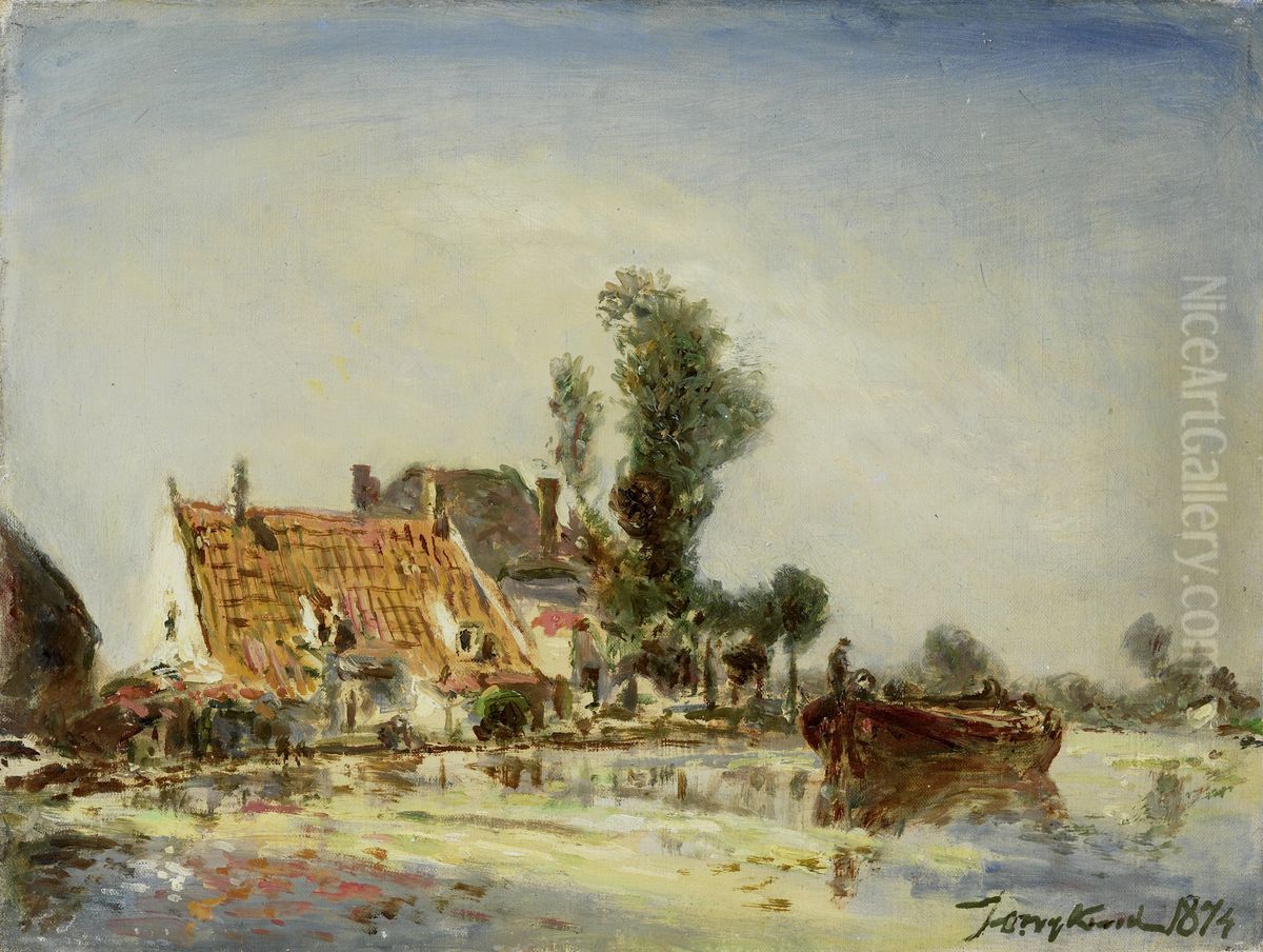 Houses along a Canal near Crooswijk Oil Painting by Johan Jongkind