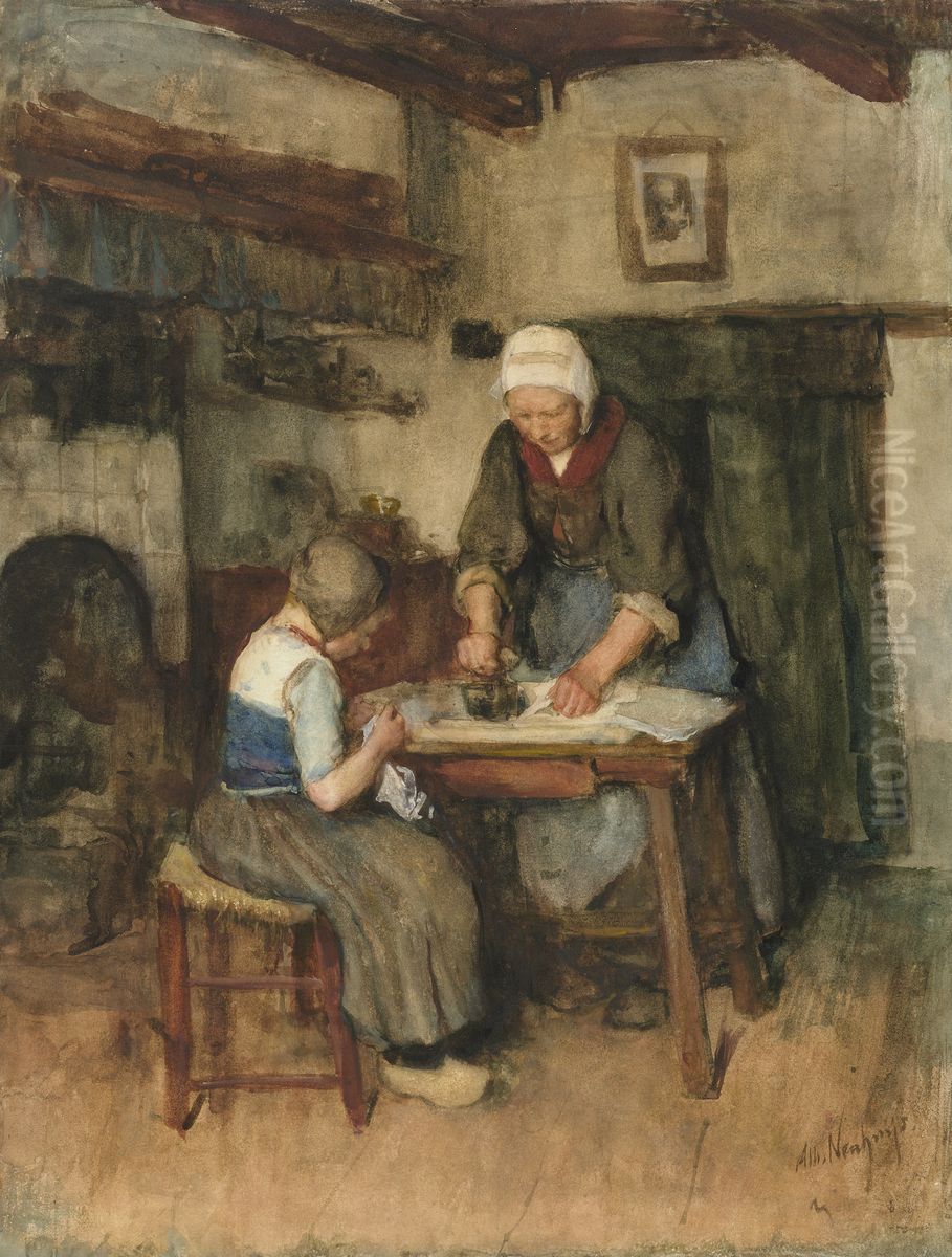 Interior with Woman Ironing and Sewing Child Oil Painting by Albert Neuhuys