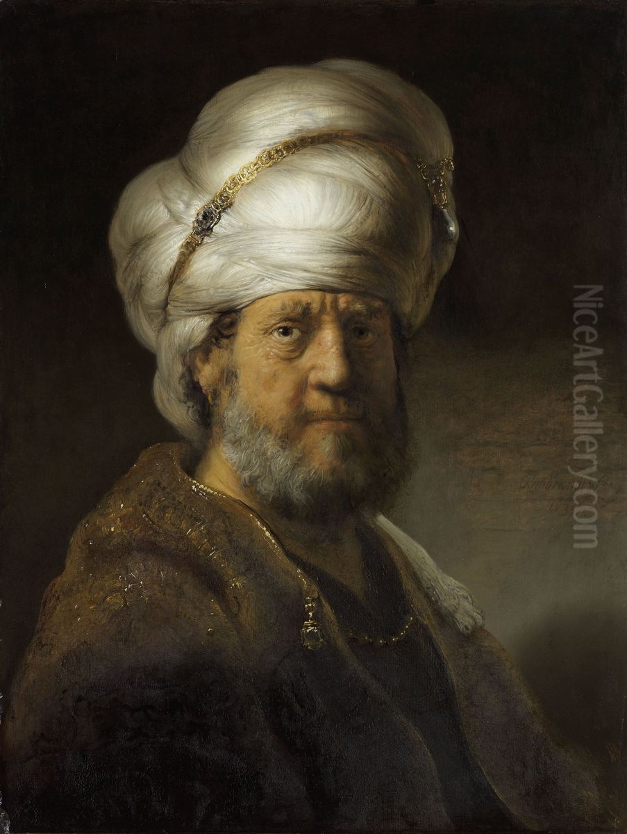 Man in Oriental Dress Oil Painting by Rembrandtor workshop