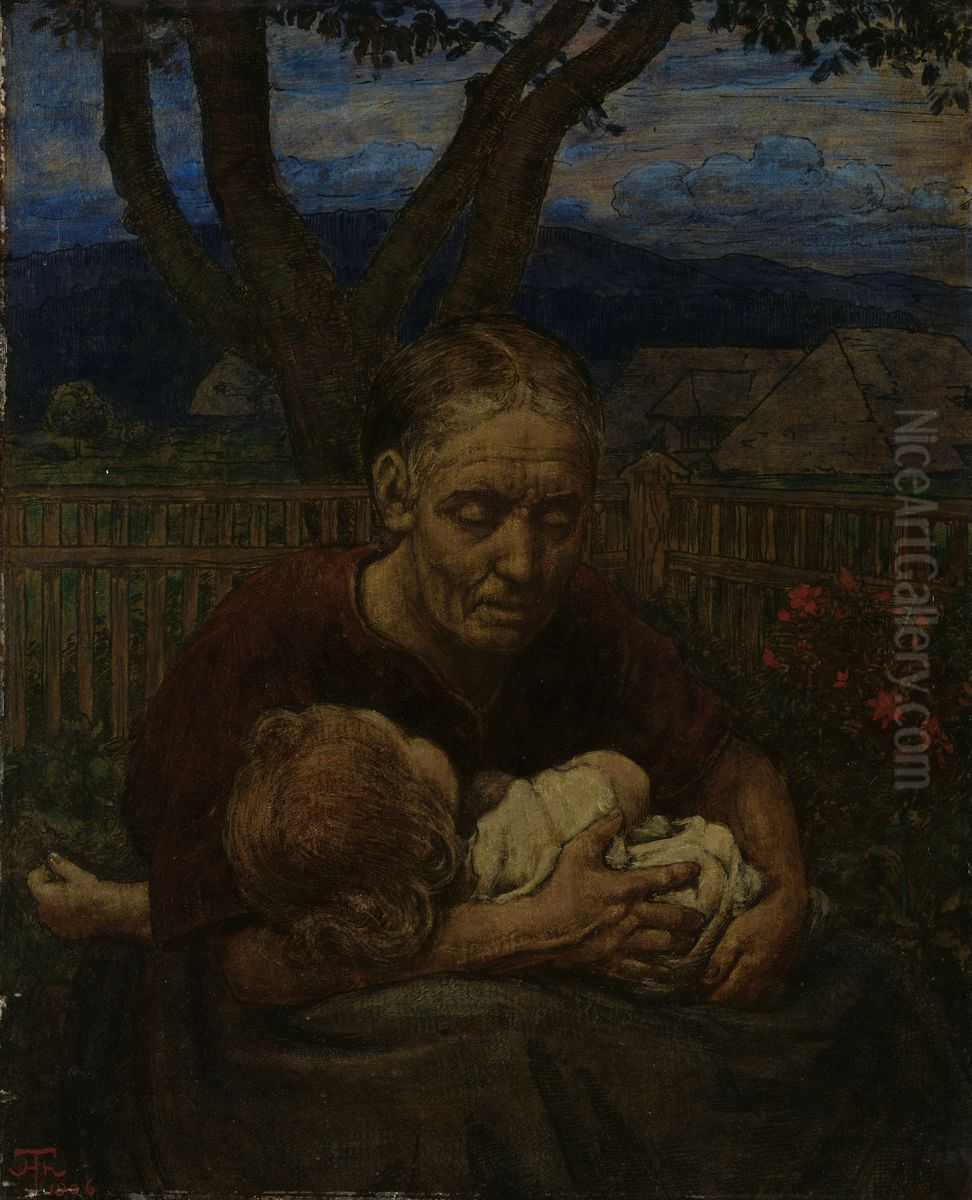 Grossmutter mit Kind in einem Garten Oil Painting by Hans Thoma