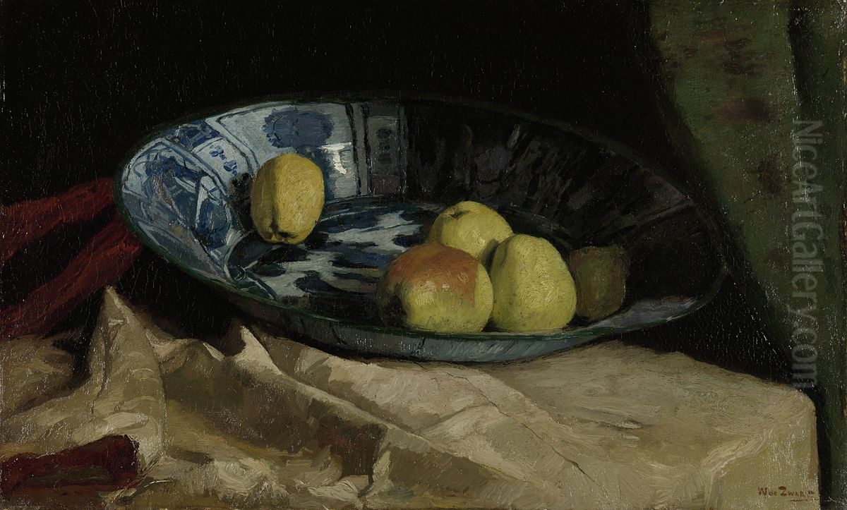 Stilleven met appels op een Delfts blauwe schaal Oil Painting by Willem de Zwart