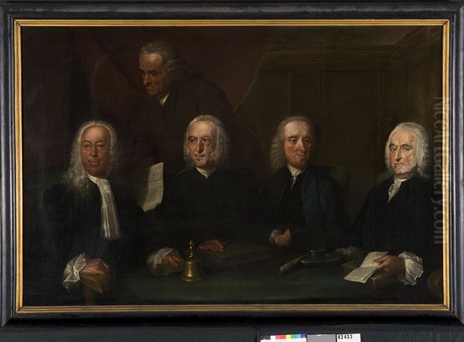 Vier regenten en de binnenvader van het Tuchthuis te Middelburg, 1764 Oil Painting by Aert Schouman