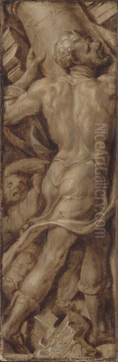 Simson verbrijzelt de zuilen van de tempel Oil Painting by Maarten Van Heemskerck