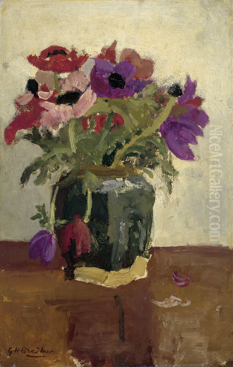 Gemberpot met anemonen Oil Painting by George Hendrik Breitner