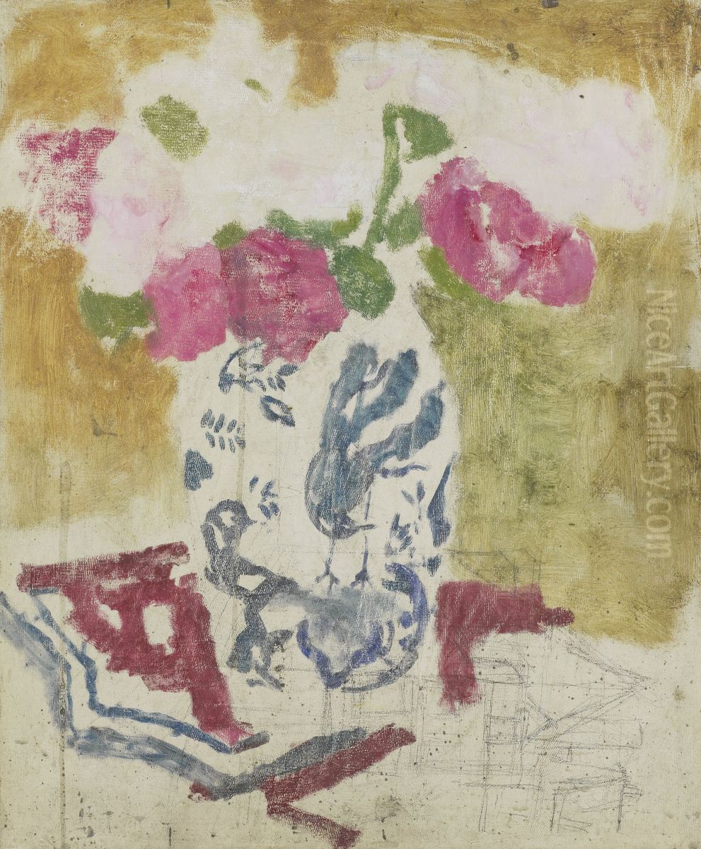 Vaas met rose bloemen Oil Painting by George Hendrik Breitner