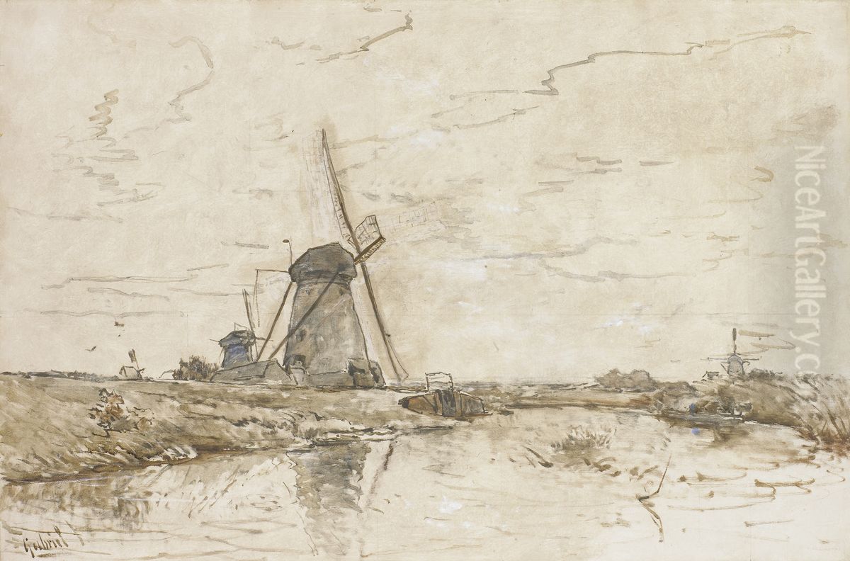 Landschap met molens Oil Painting by Paul Joseph Constantine Gabriel