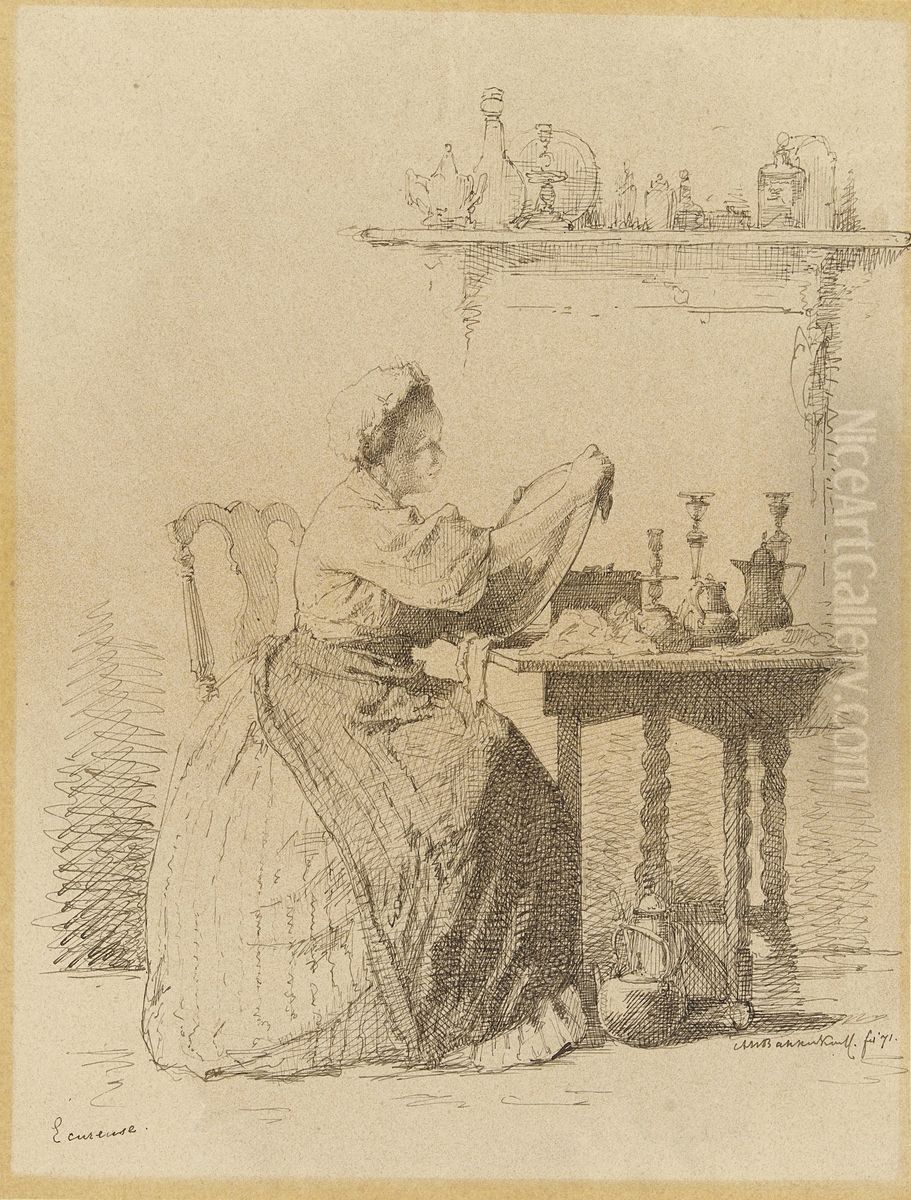 Ecureuse, a Servant Girl Polishing at a Table Oil Painting by Alexander Hugo Bakker Korff