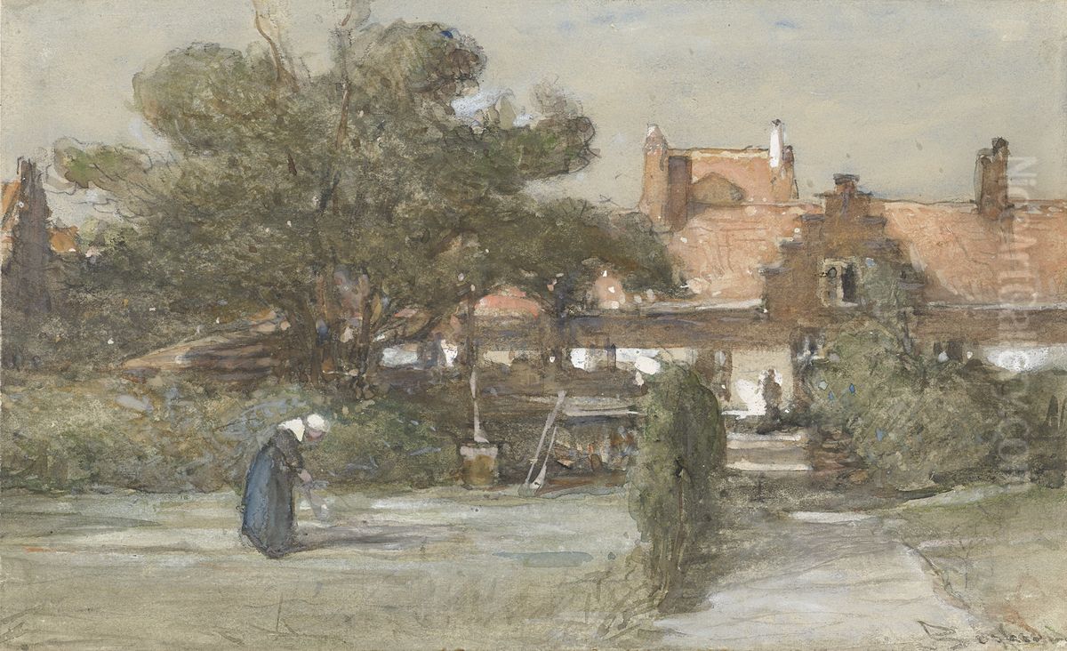 Courtyard of the Heilige Geesthofje at the Paviljoensgracht in The Hague Oil Painting by Johannes Bosboom