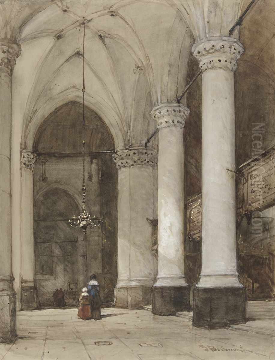 South Aisle of the Grote Kerk in The Hague, with Seventeenth-Century Figures. Oil Painting by Johannes Bosboom