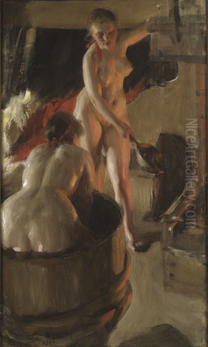 Girls from Dalarna Having a Bath Oil Painting by Anders Zorn
