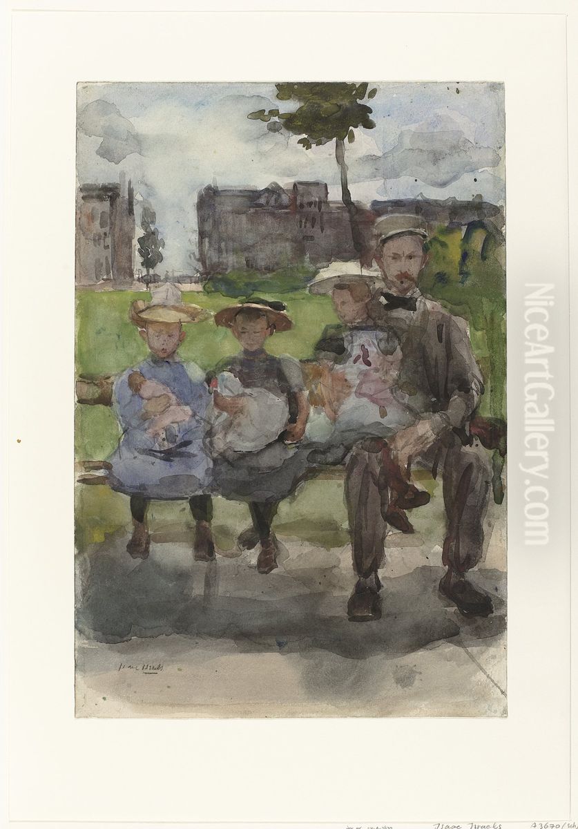 Man met drie meisjes op een bank in het Oosterpark te Amsterdam Oil Painting by Isaac Lazarus Israels