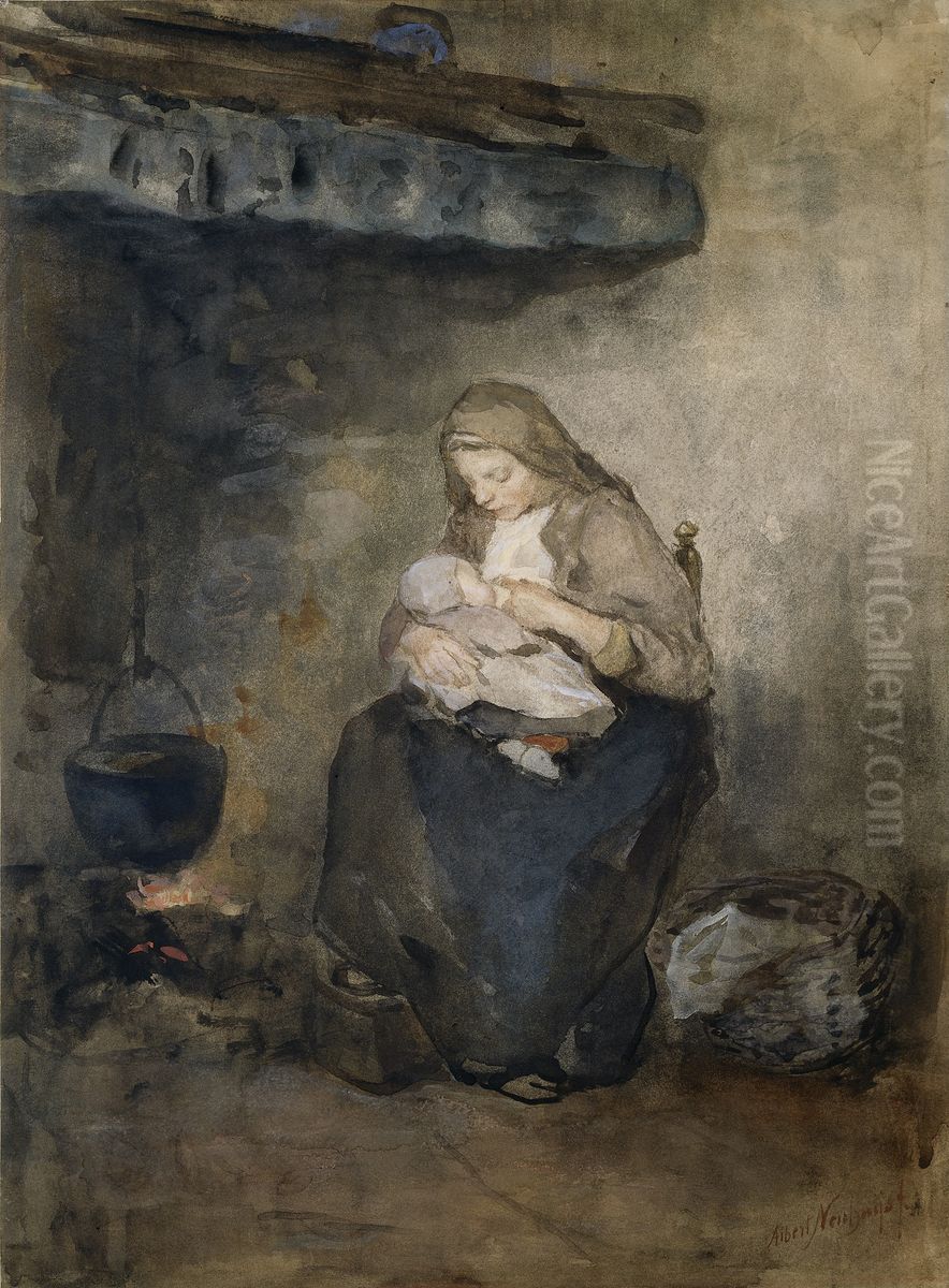Mother Nursing her Child by the Fireplace Oil Painting by Albert Neuhuys