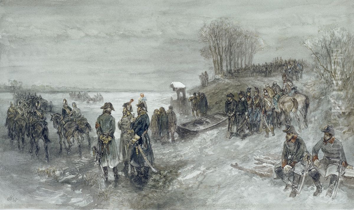 French Troops Cross a Frozen River Oil Painting by Charles Rochussen