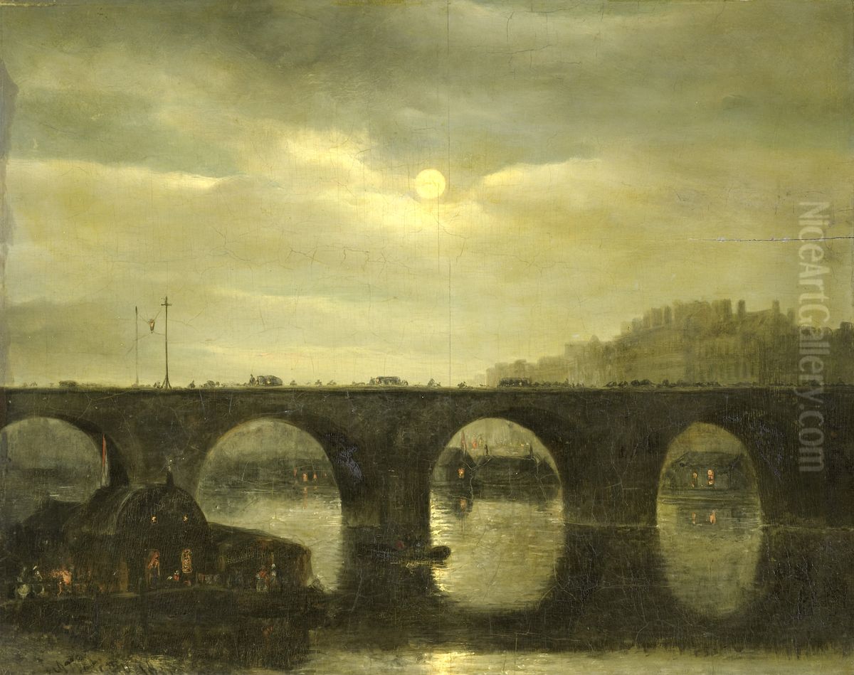 View of a Bridge over the Seine in Paris by Moonlight Oil Painting by Anthonie Waldorp