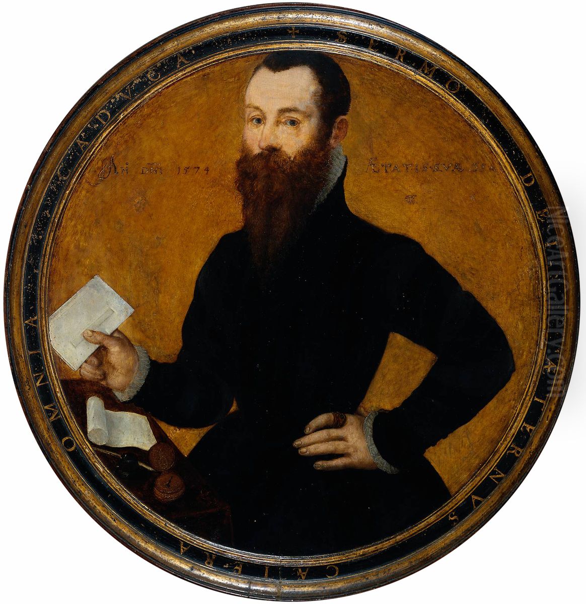 Portrait of Adam Wachendorff, with a Putto Blowing Bubbles Oil Painting by Cornelis Ketel