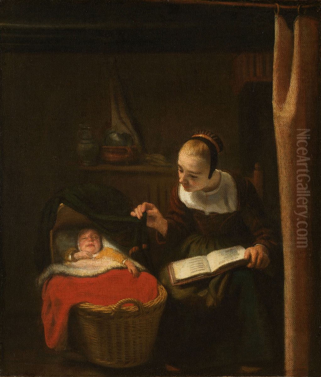 Jonge vrouw bij de wieg Oil Painting by Nicolaes Maes