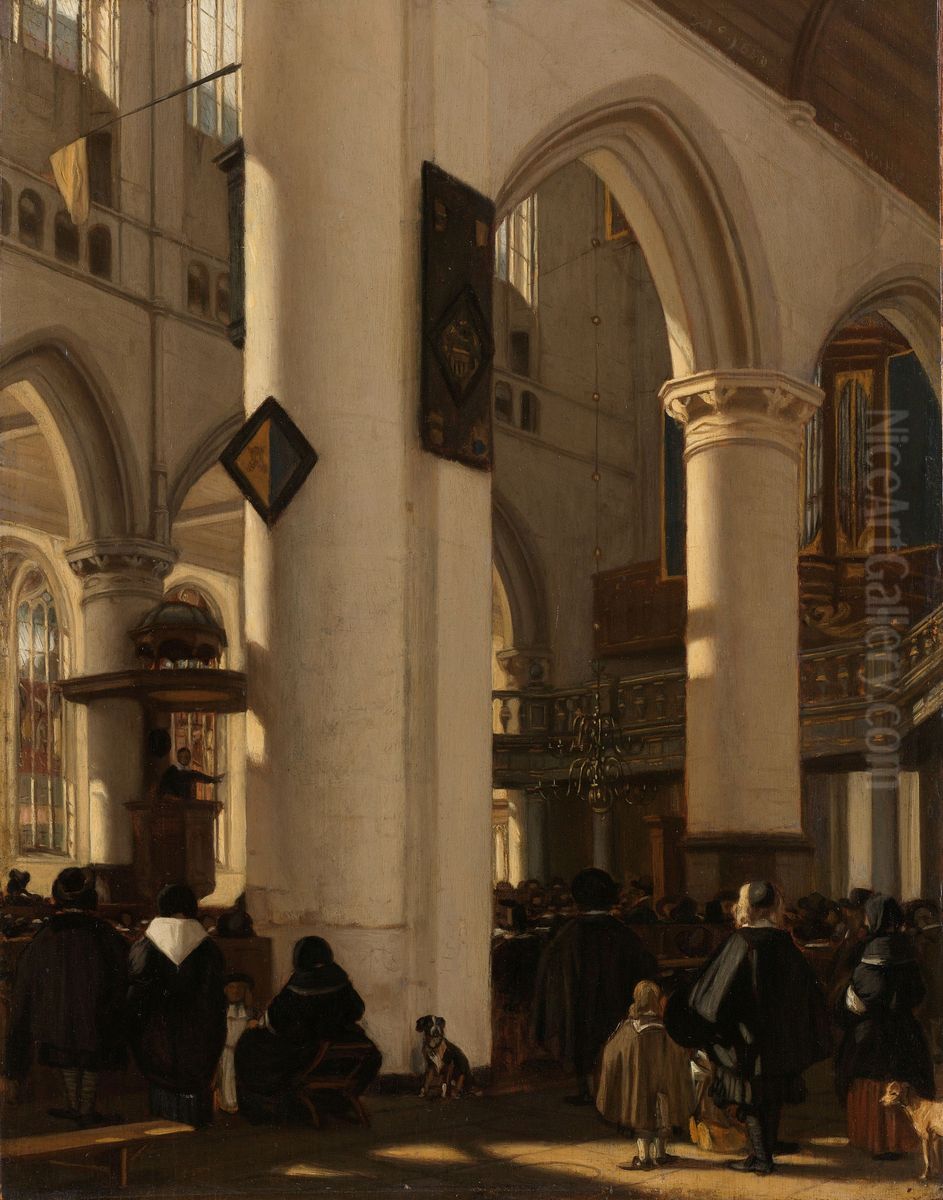 Interior of a Protestant, Gothic Church during a Service Oil Painting by Emanuel de Witte