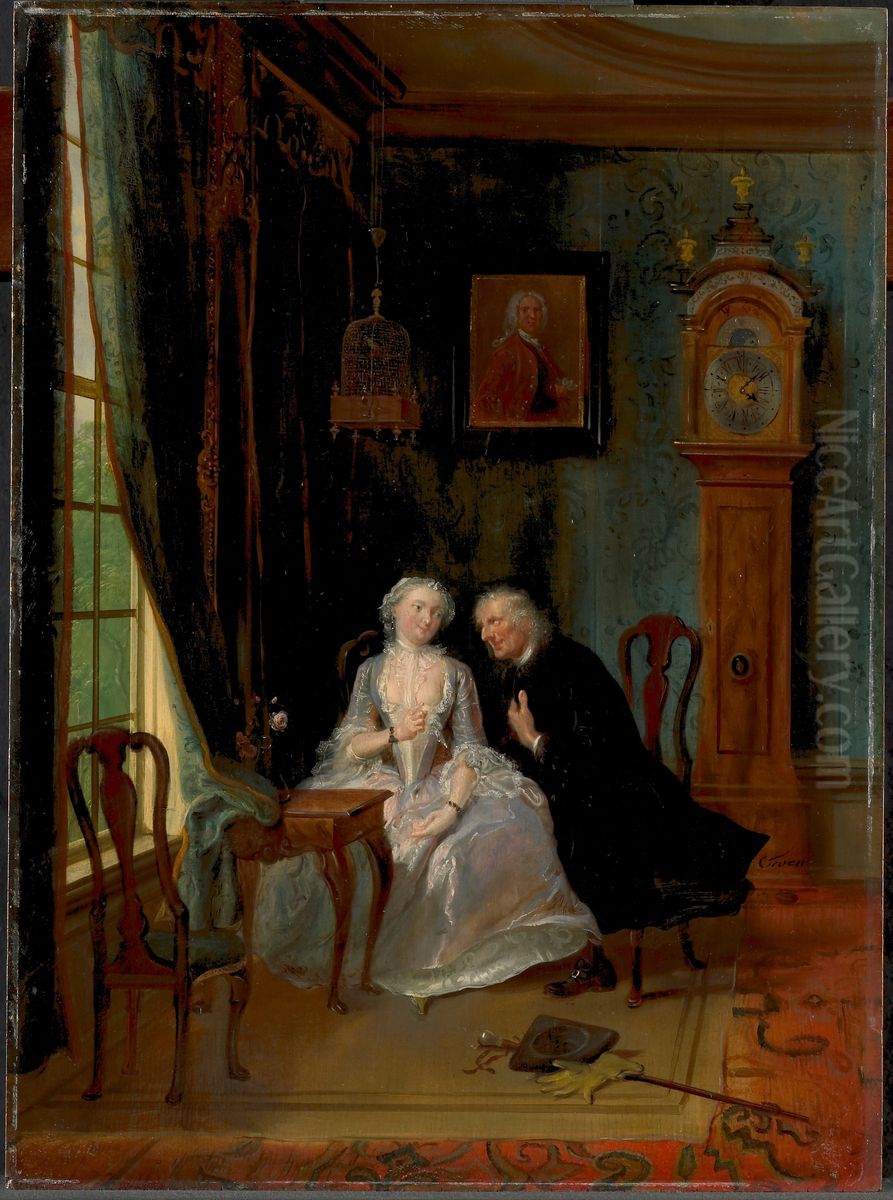 'De wanhebbelijke liefde', misschien de scene van de weduwnaar Joost bij Lucia, 2de toneel uit het gelijknamige stuk van C J van der Lijn Oil Painting by Cornelis Troost