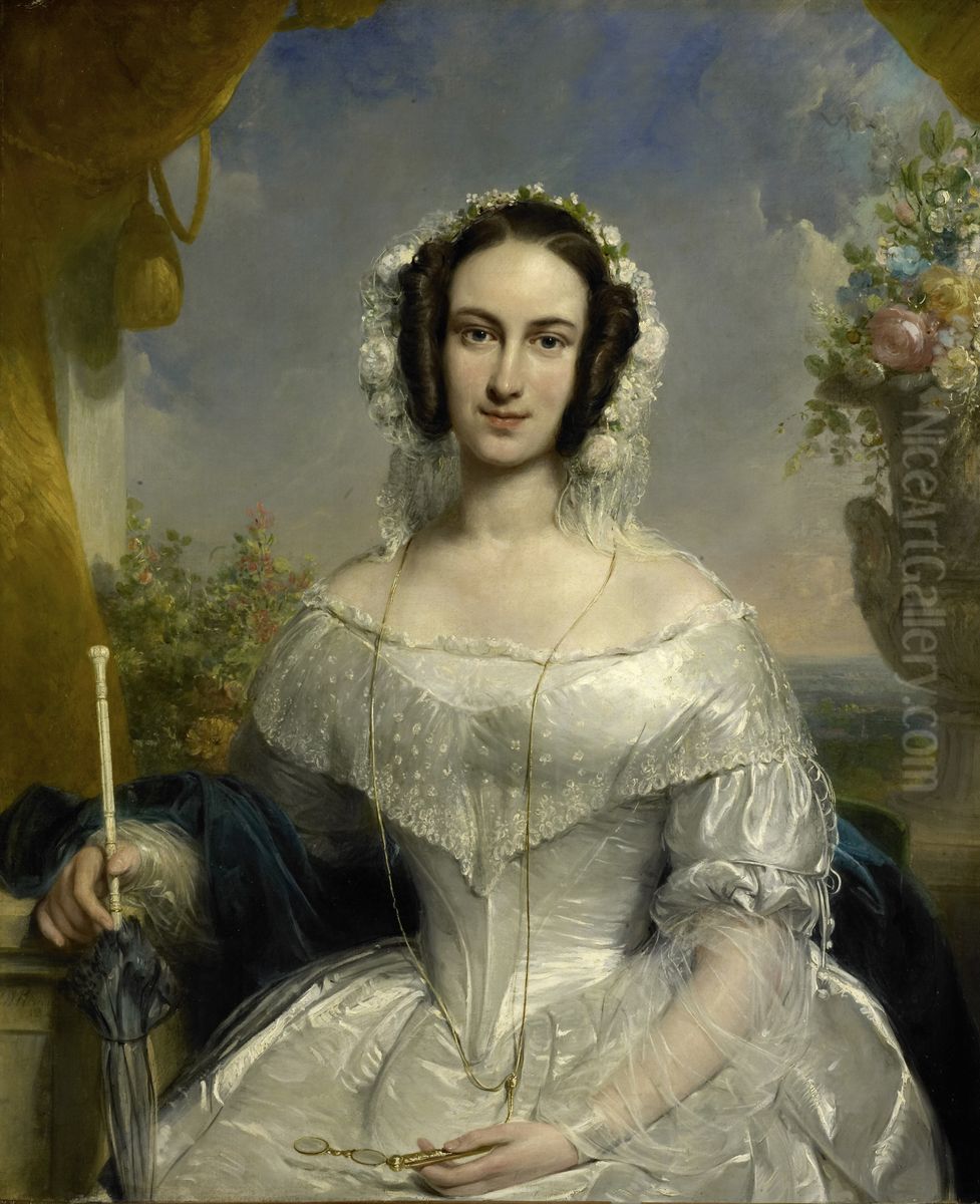 Portrait of Agatha Petronella Hartsen (1814-1878), Wife of Notary Jan van der Hoop, in Wedding Dress Oil Painting by Jan Willem Pieneman