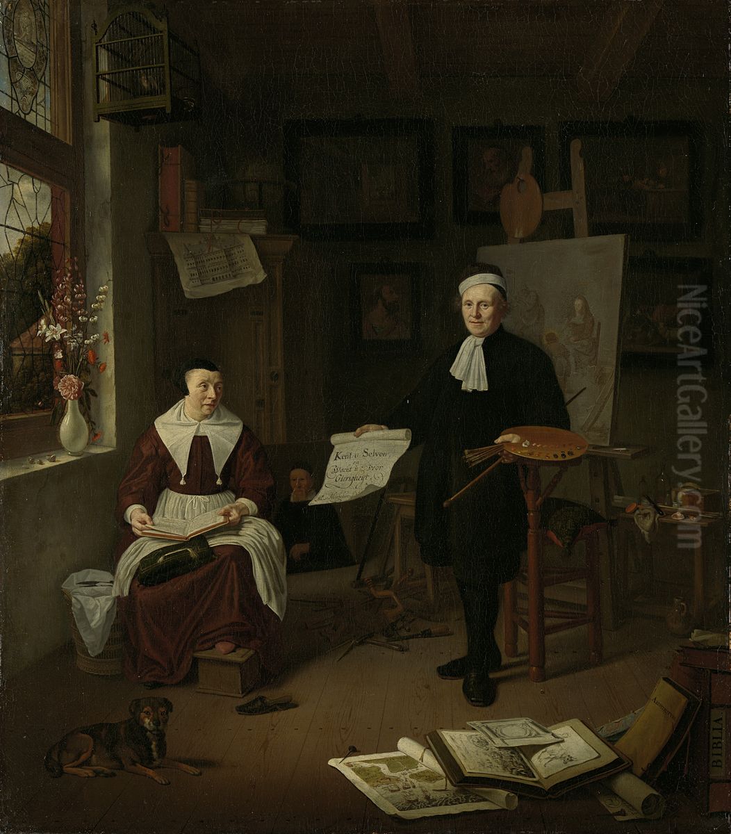 Michiel Comans (gest 1687). Kalligraaf, etser, schilder en schoolmeester, met zijn derde vrouw Elisabeth van der Mersche Oil Painting by Michiel van Musscher