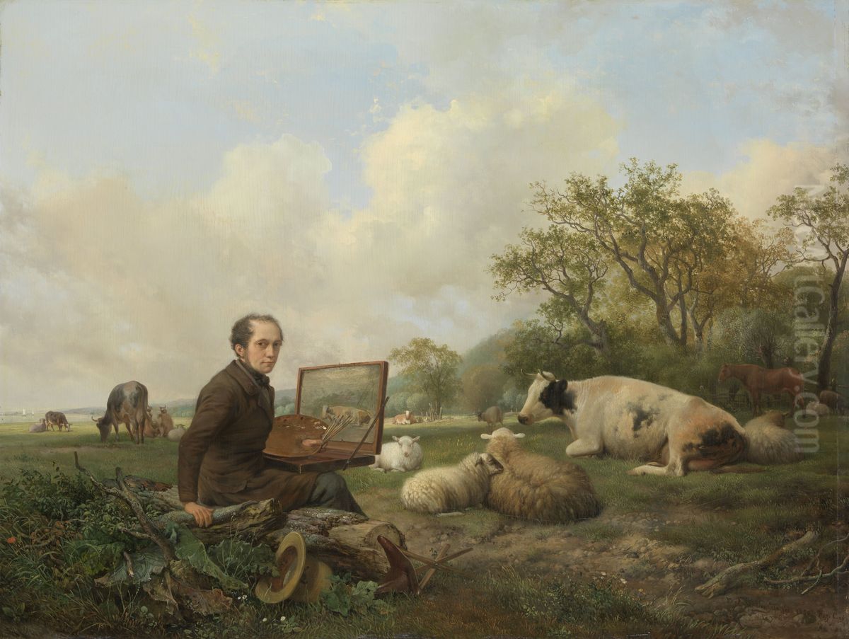 The Artist Painting a Cow in a Meadow Oil Painting by Hendrik van de Sande Bakhuyzen