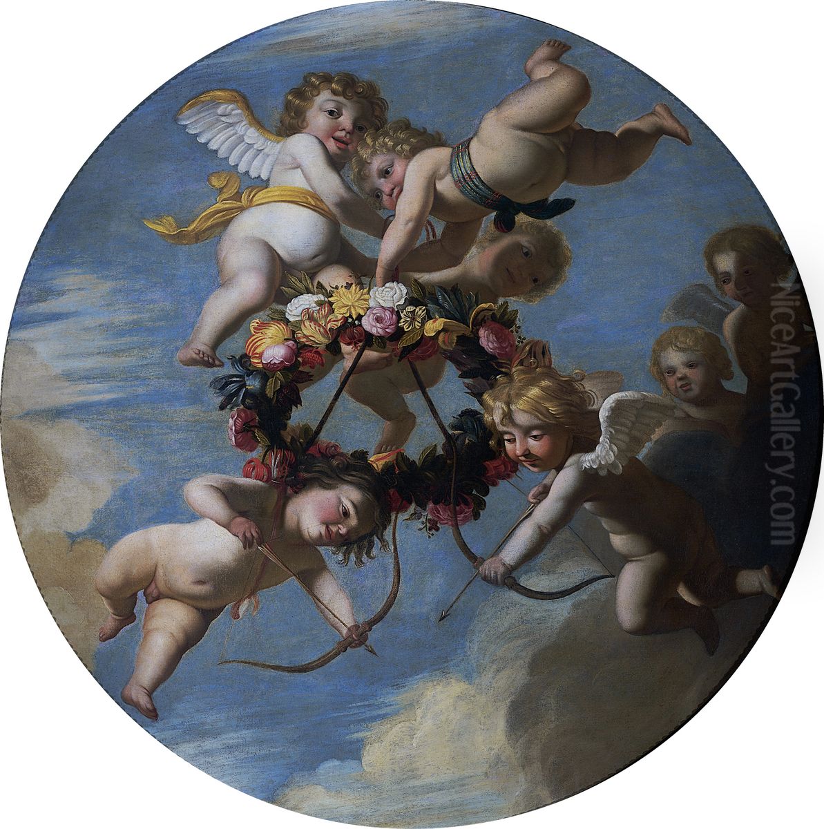 Putti with Flower Garland Oil Painting by Gerard van Honthorst