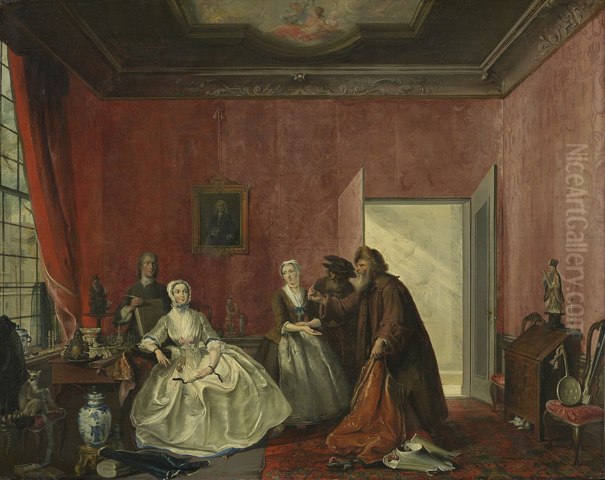 'Joanna en de 'smousen'; 3de bedrijf, 5de toneel uit het blijspel 'De Spilpenning of de verkwistende vrouw' van Thomas Asselijn Oil Painting by Cornelis Troost