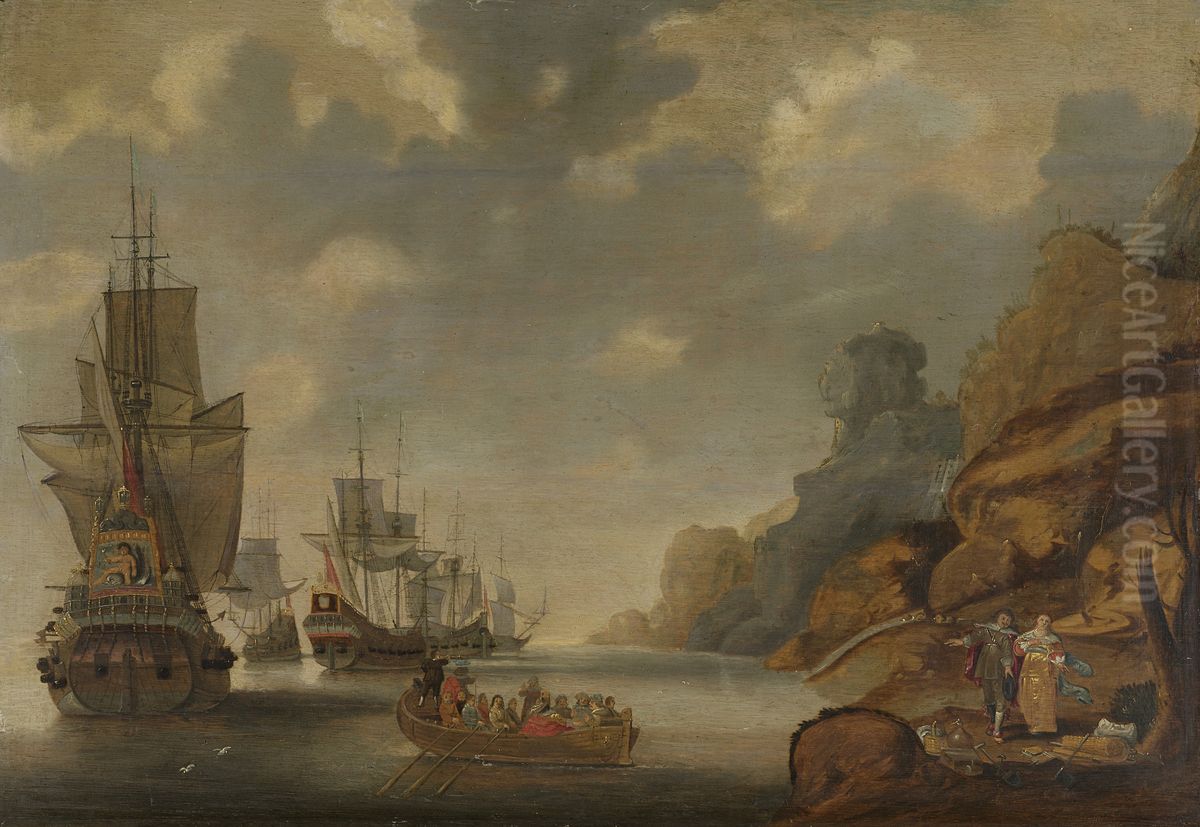Een Frans eskader bij een rotsachtige kust. Oil Painting by Jacob Adriaensz Bellevois