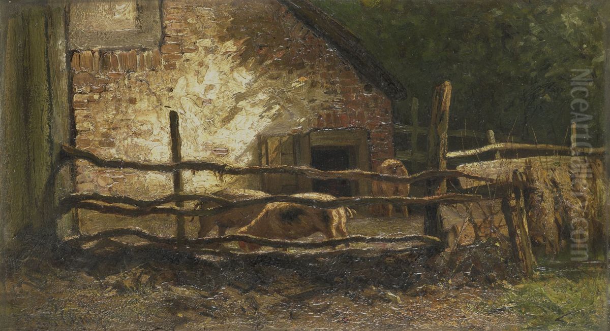 Varkens bij een stal. Oil Painting by Louis Apol