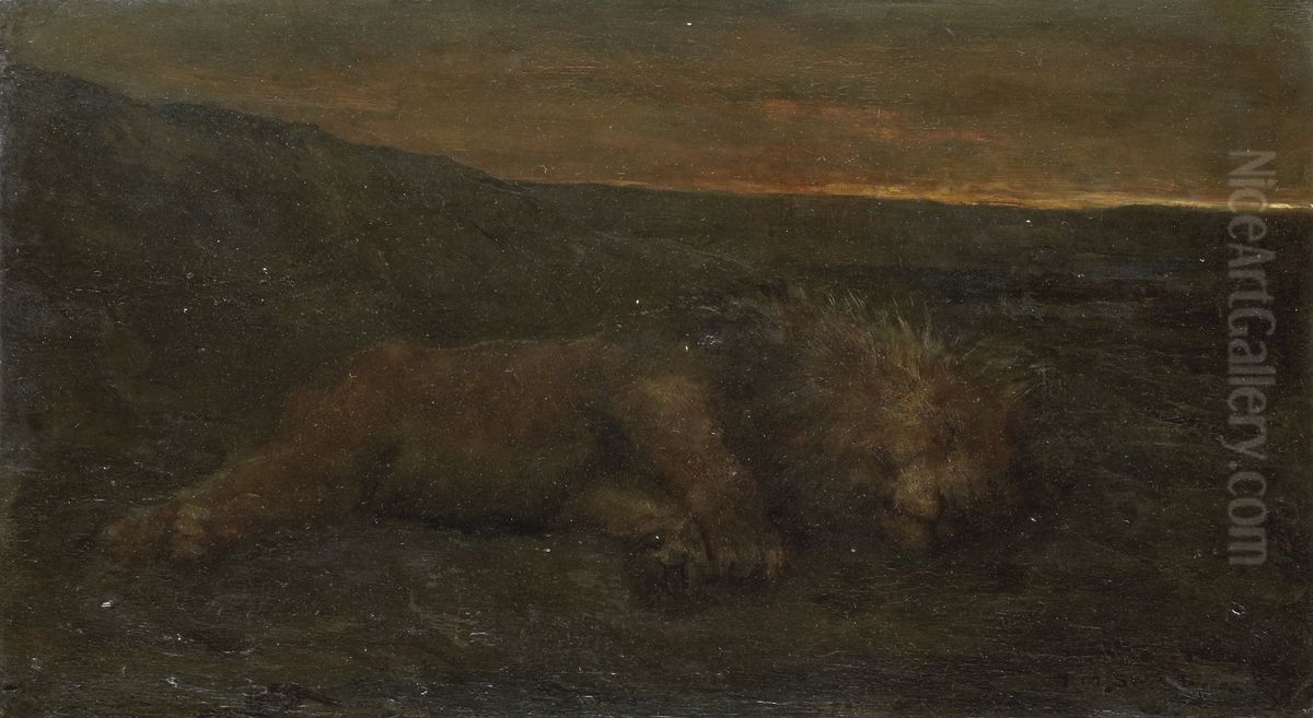 Sleeping Lion by Night Oil Painting by John Macallan Swan