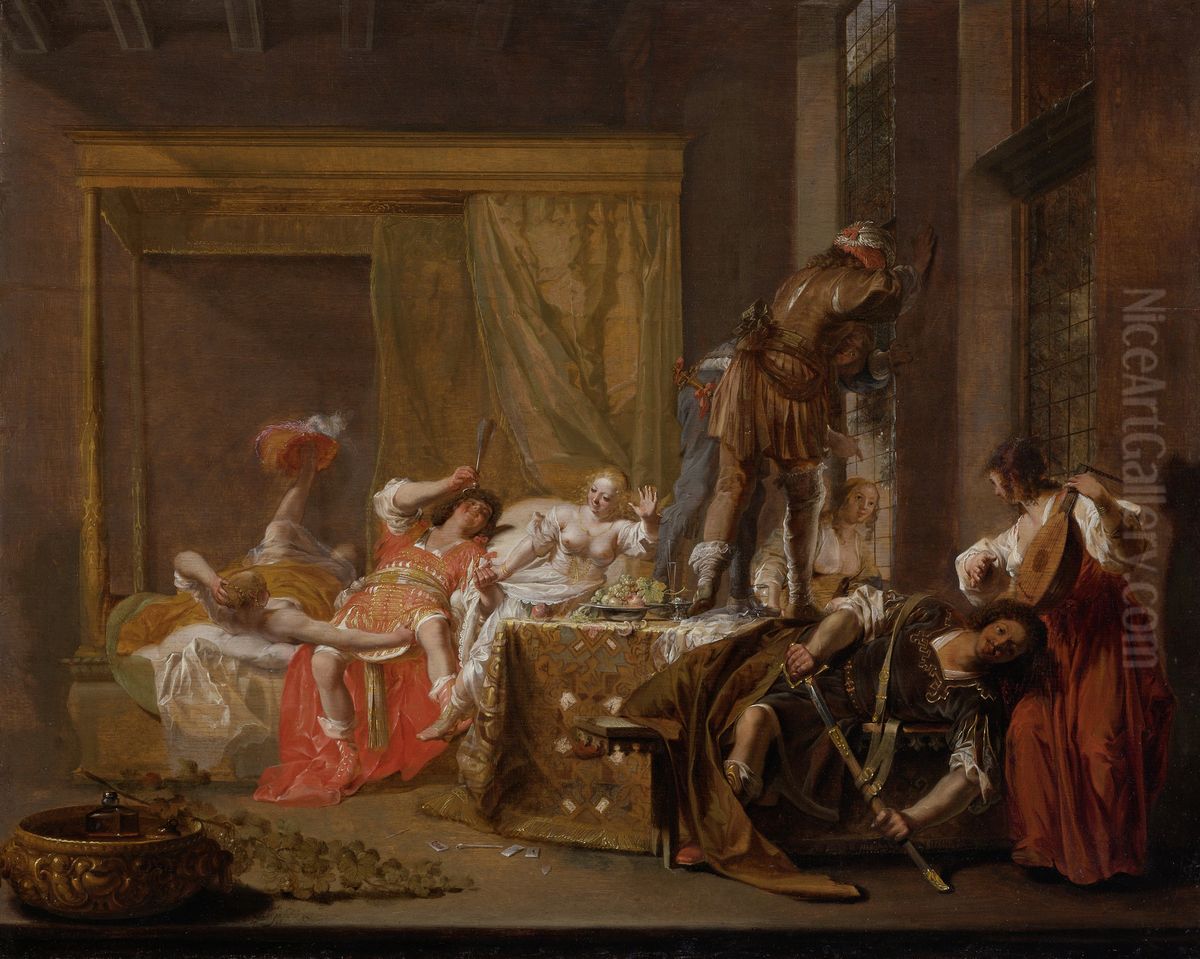 Scene uit het huwelijk van Messalina en Gaius Silius, mogelijk episode uit een toneelstuk Oil Painting by Nikolaus Knupfer