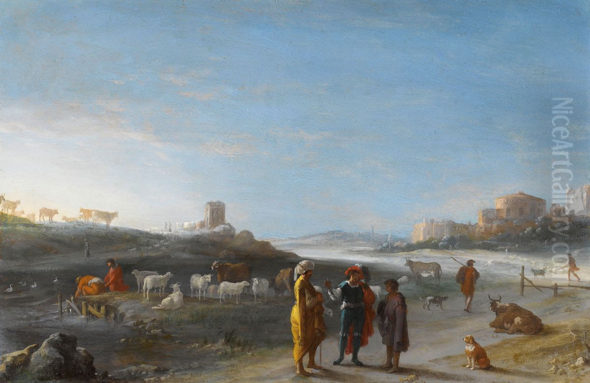 Italianiserend landschap met een oudtestamentisch onderwerp Oil Painting by Cornelius van Poelenburgh