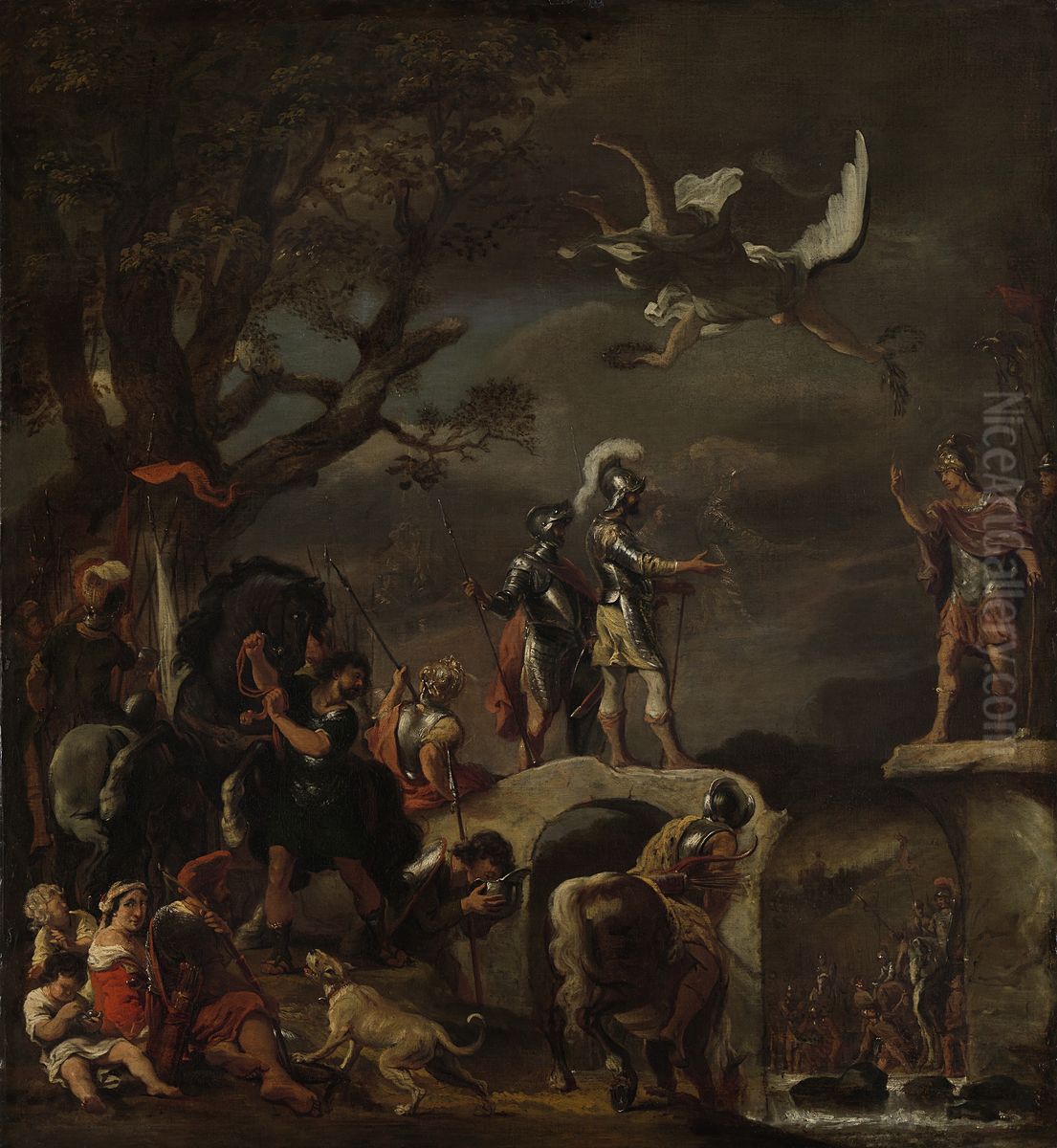 De vredesonderhandelingen tussen Claudius Civilis en Quintus Petillius Cerealis op de afgebroken brug Oil Painting by Ferdinand Bol