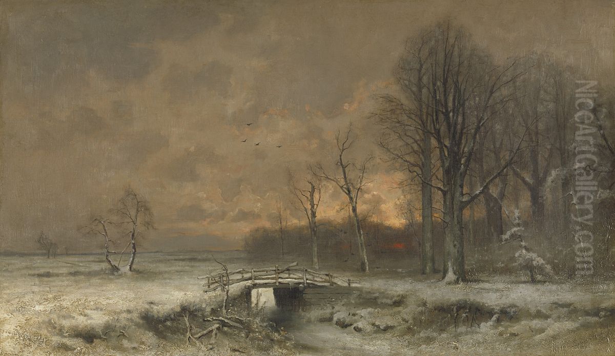 Wintergezicht met ondergaande zon tussen geboomte Oil Painting by Louis Apol