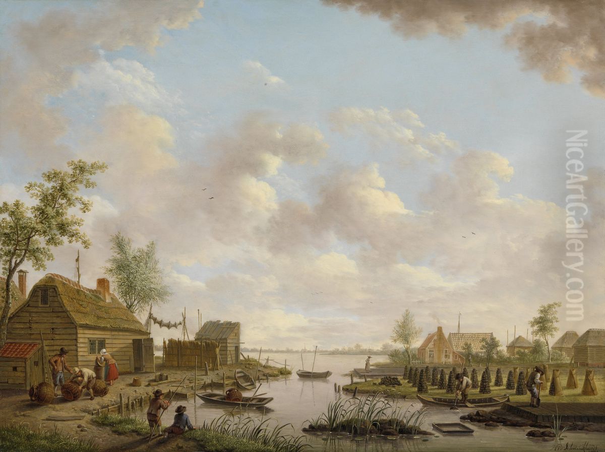 Landschap met vissers en turfstekende boeren in het laagveen Oil Painting by Hendrik Willem Schweickhardt
