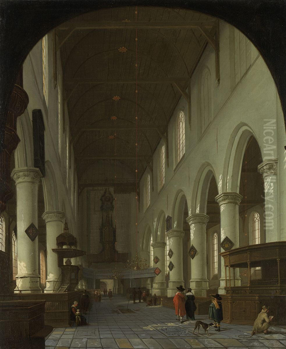 Gezicht in de Oude Kerk te Delft vanuit het koor richting portaal. Oil Painting by Cornelis De Man