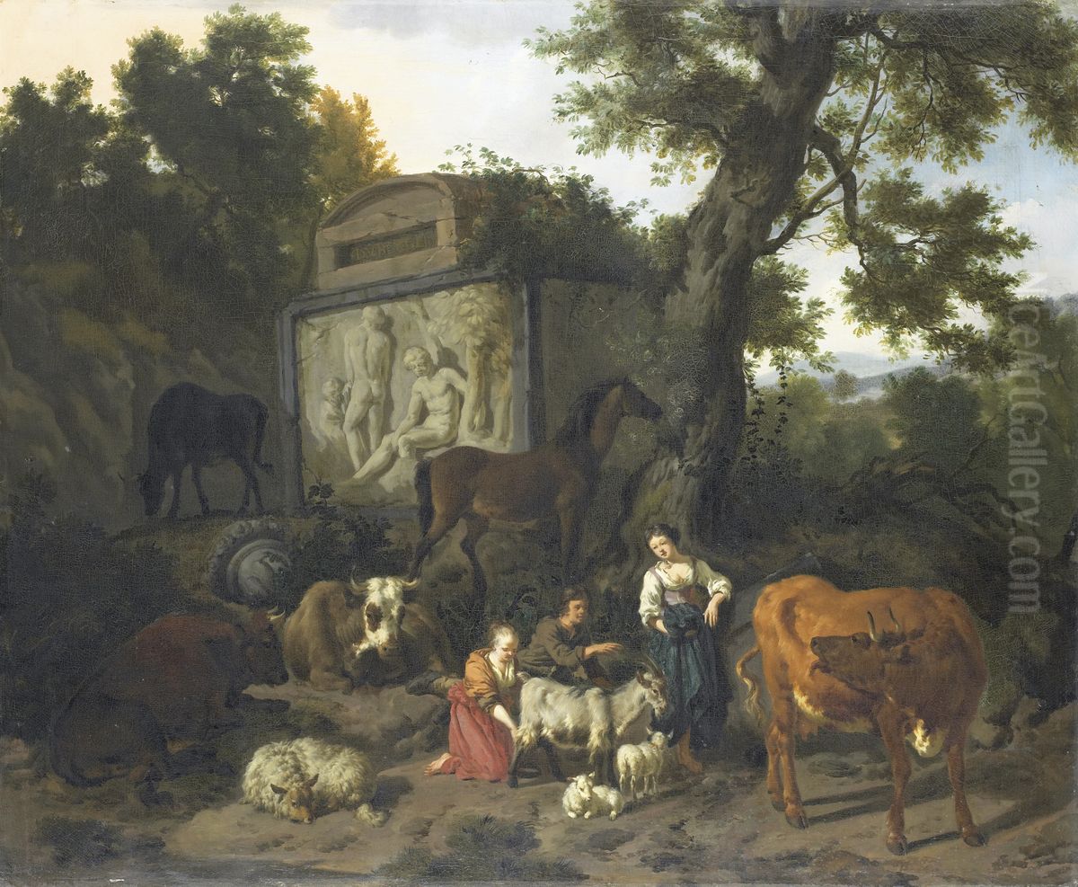 Landschap met herders en vee bij een graftombe. Oil Painting by Dirck van der Bergen