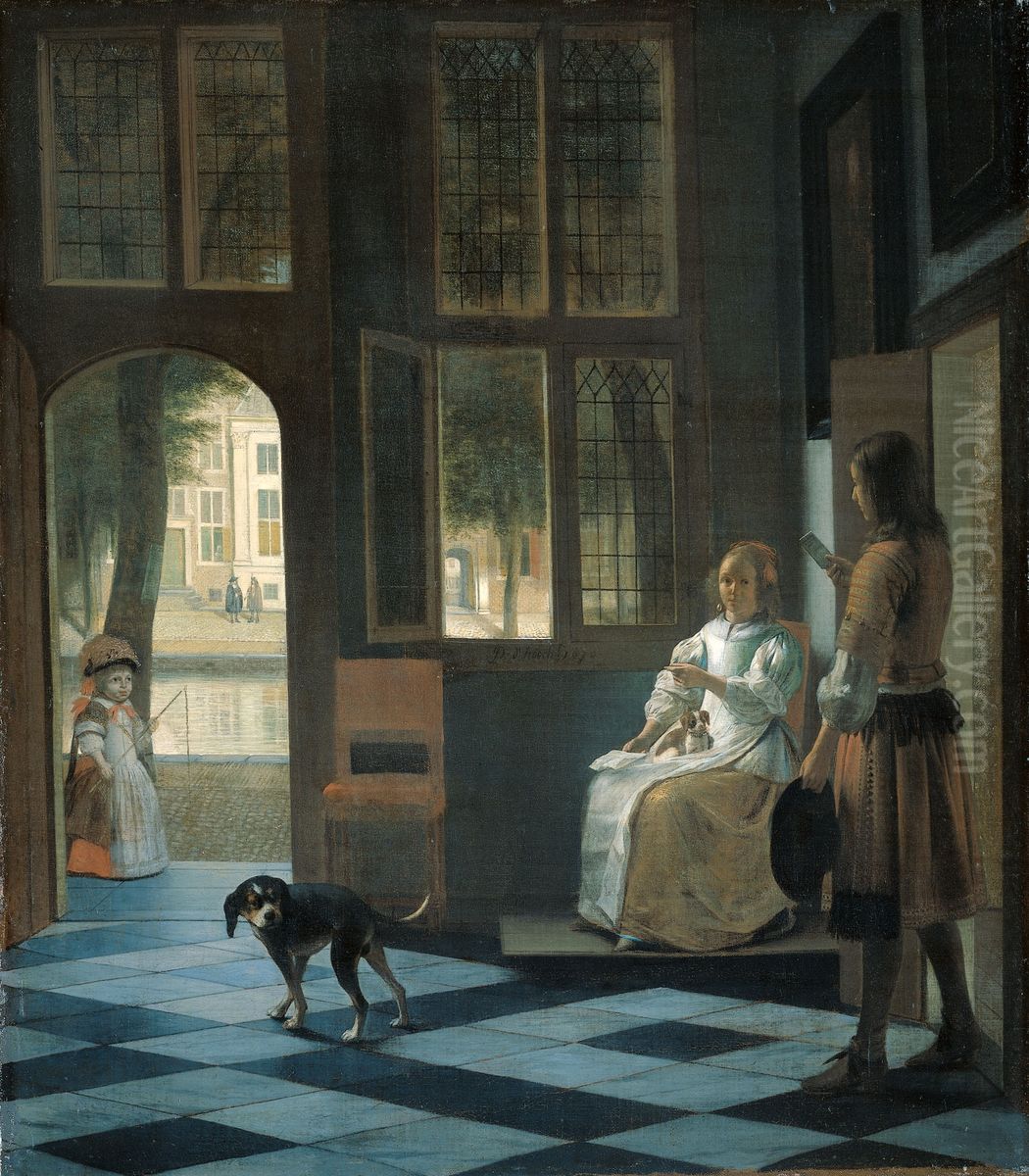 Un homme remettant une lettre a une femme dans l'entree d'une maison Oil Painting by Pieter De Hooch