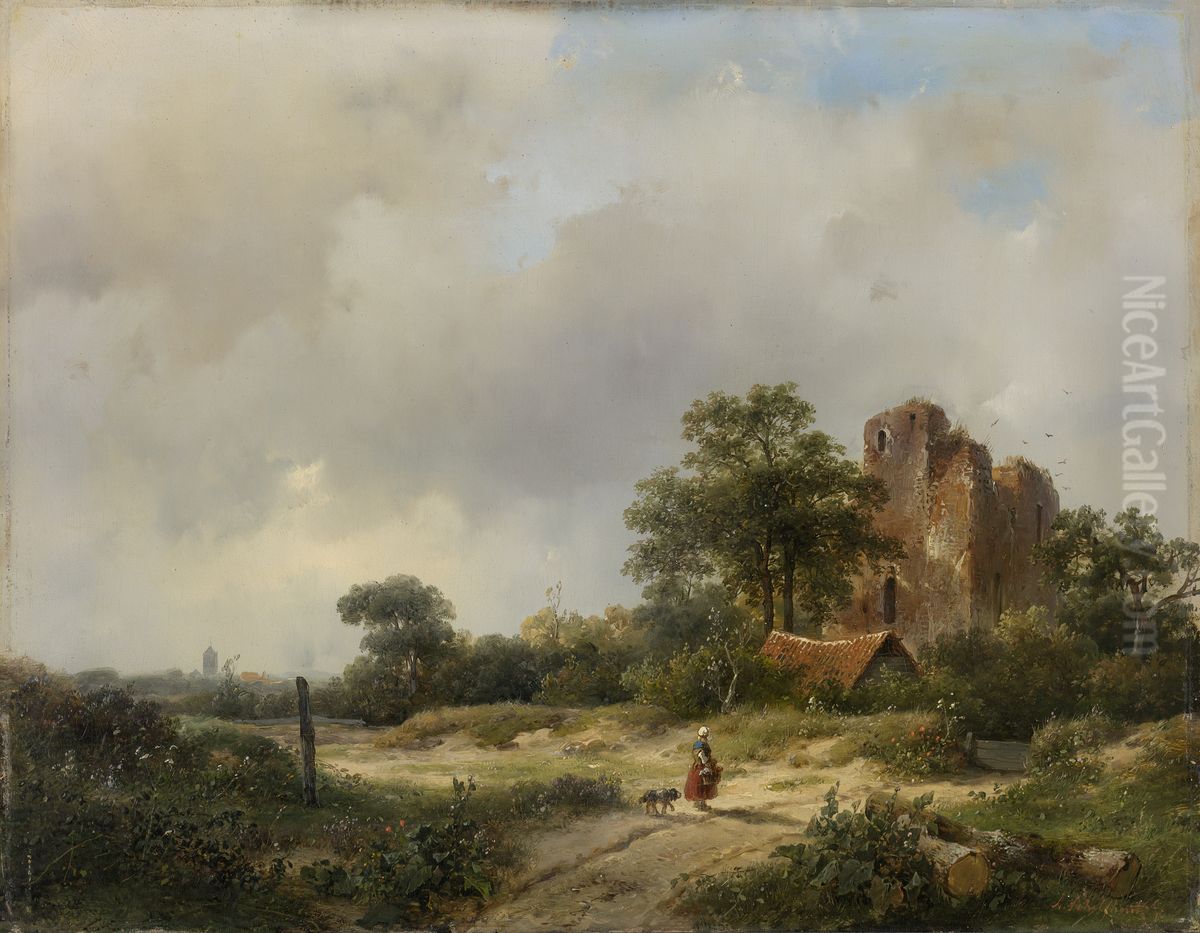 Landschap met de ruine van kasteel Brederode te Santpoort Oil Painting by Andreas Schelfhout