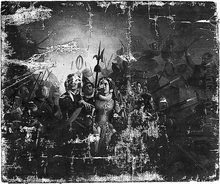 Kenau Simonsdr Hasselaer op de wallen van Haarlem met haar vrouwencorps bij de hevigste aanval der Spanjaarden, 31 januari 1573 Oil Painting by Jacobus Schoemaker Doyer